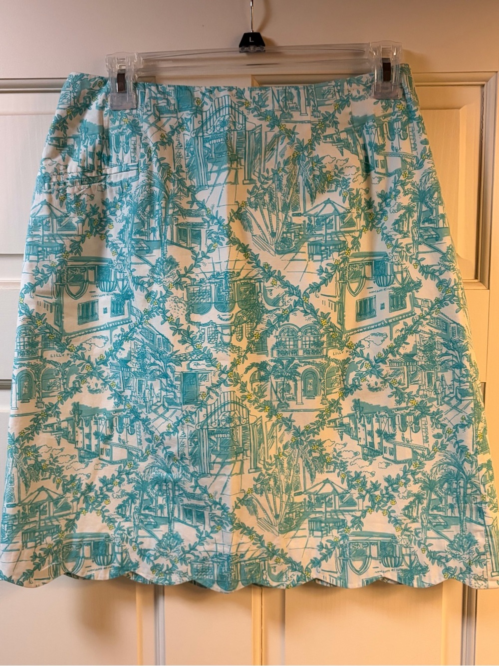 Lilly Pulitzer Vintage Turquoise & White Scenic Print Scallop Hem Skirt